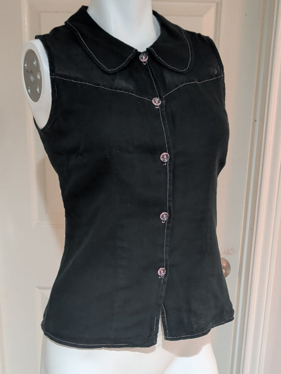 Vintage E.C. Star Black Sleeveless Button-Front Top with Peter Pan Collar Retro Medium