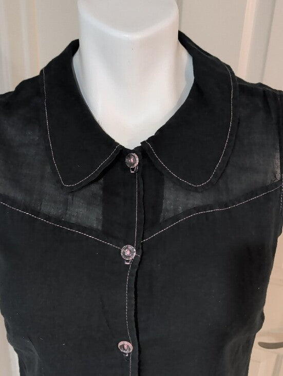 Vintage E.C. Star Black Sleeveless Button-Front Top with Peter Pan Collar Retro Medium