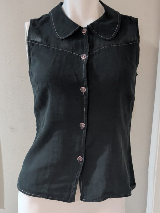 Vintage E.C. Star Black Sleeveless Button-Front Top with Peter Pan Collar Retro Medium