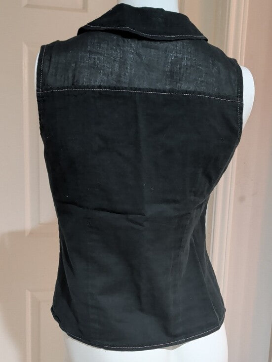 Vintage E.C. Star Black Sleeveless Button-Front Top with Peter Pan Collar Retro Medium