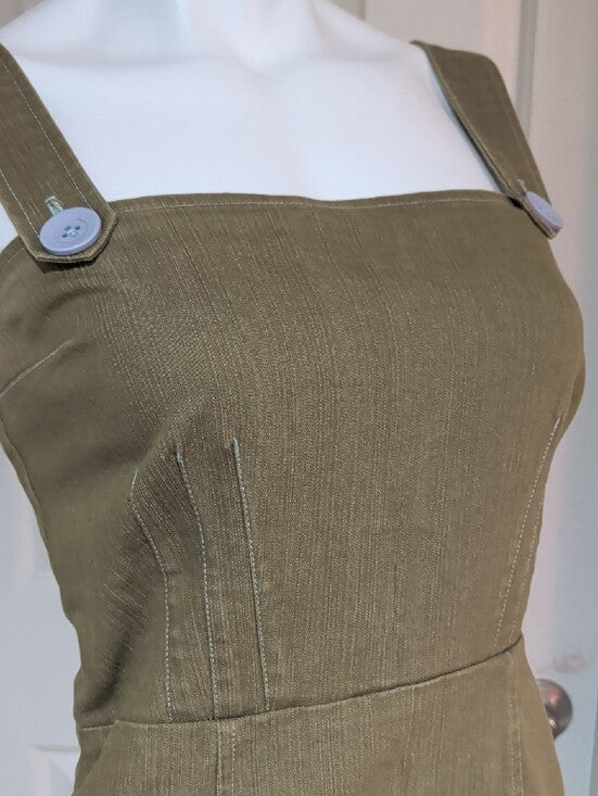 Vintage E.C. Star Olive Green Button Accent Pinafore Dress Women's Medium