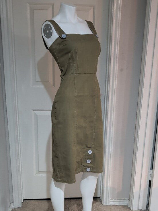 Vintage E.C. Star Olive Green Button Accent Pinafore Dress Women's Medium