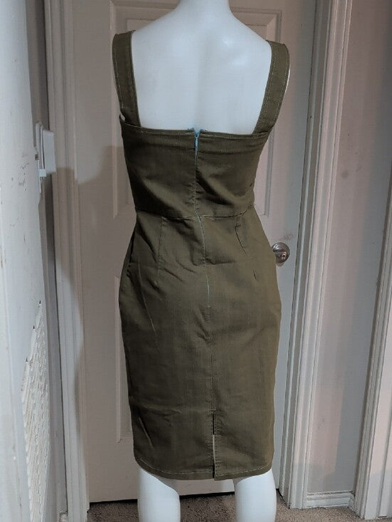 Vintage E.C. Star Olive Green Button Accent Pinafore Dress Women's Medium