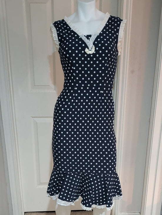 Vintage Stop Staring Navy and White Polka Dot Midi Dress w/ Lace Trim Retro Lrg