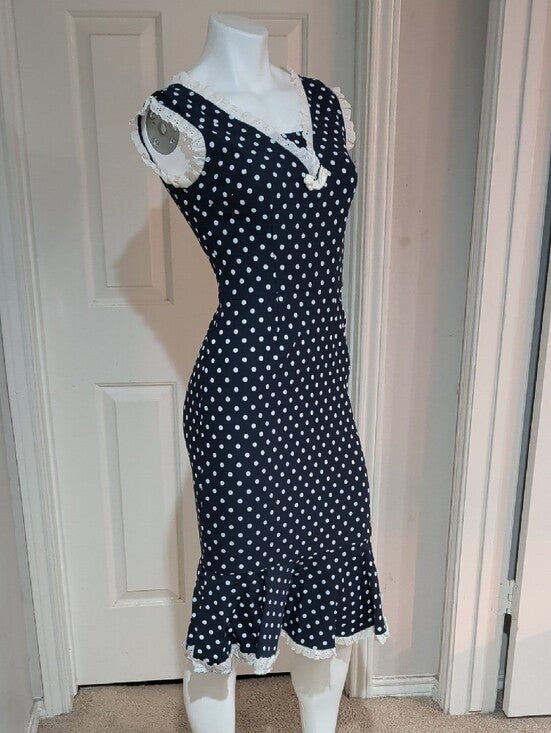 Vintage Stop Staring Navy and White Polka Dot Midi Dress w/ Lace Trim Retro Lrg