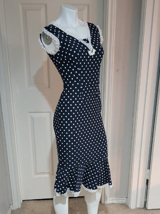 Vintage Stop Staring Navy and White Polka Dot Midi Dress w/ Lace Trim Retro Lrg