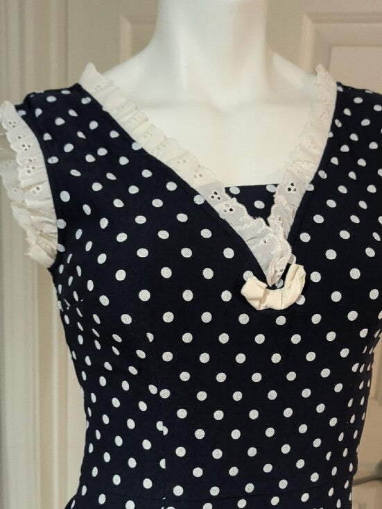 Vintage Stop Staring Navy and White Polka Dot Midi Dress w/ Lace Trim Retro Lrg