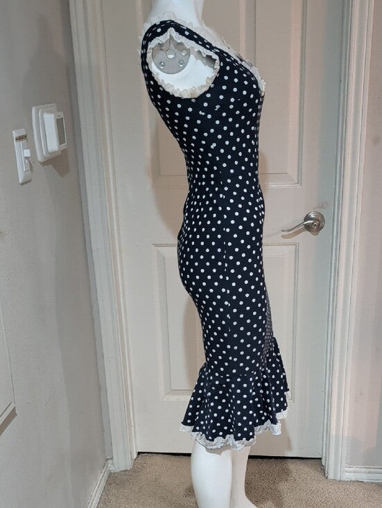 Vintage Stop Staring Navy and White Polka Dot Midi Dress w/ Lace Trim Retro Lrg