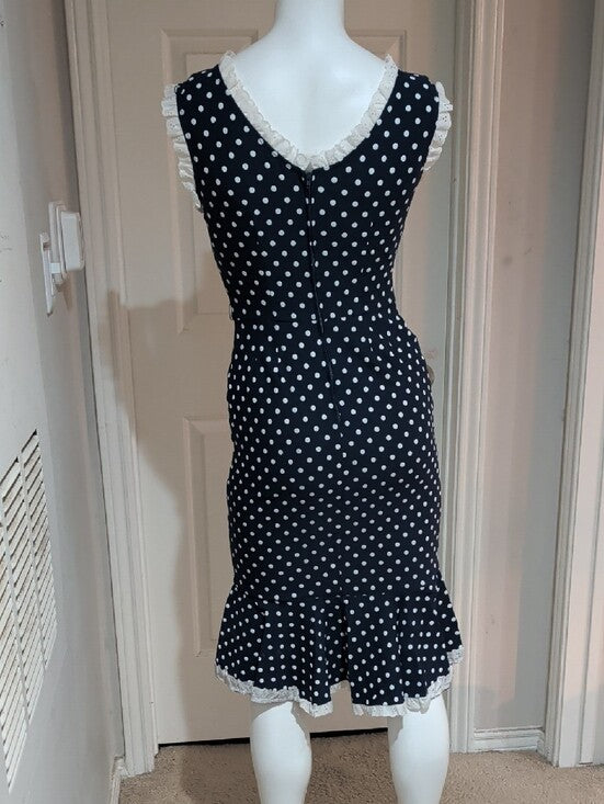 Vintage Stop Staring Navy and White Polka Dot Midi Dress w/ Lace Trim Retro Lrg
