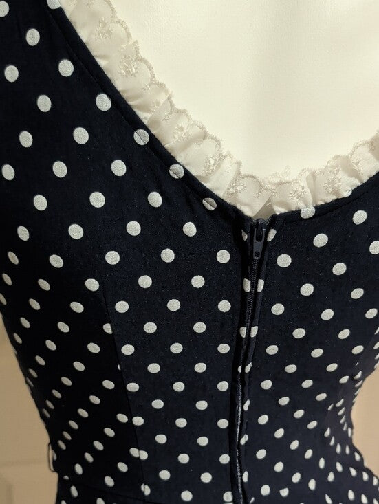 Vintage Stop Staring Navy and White Polka Dot Midi Dress w/ Lace Trim Retro Lrg