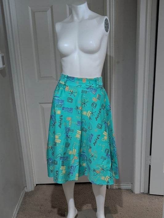 Vintage Pinup Couture Teal A-Line Skirt w/ Retro Geometric Print Women's M Retro