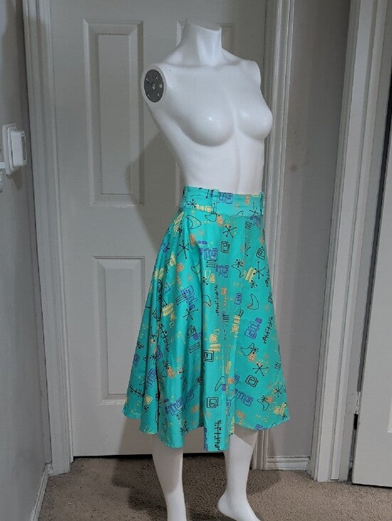 Vintage Pinup Couture Teal A-Line Skirt w/ Retro Geometric Print Women's M Retro