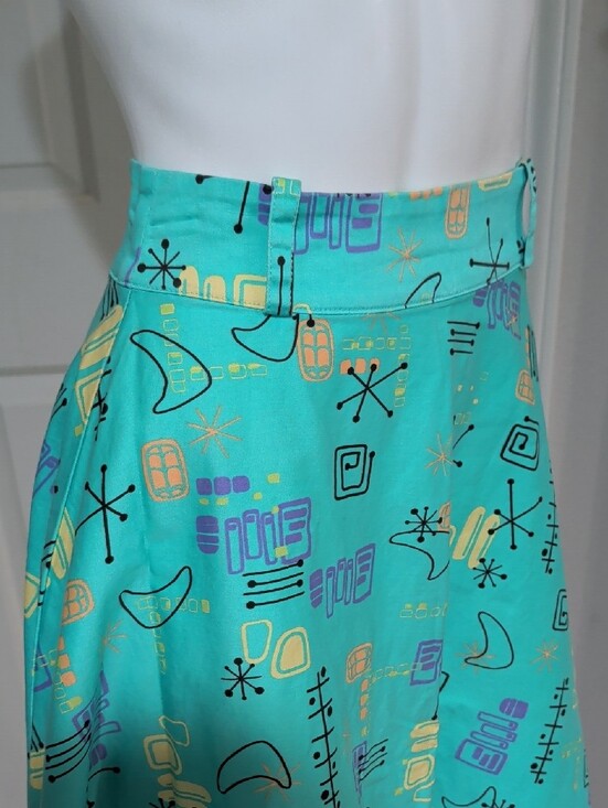 Vintage Pinup Couture Teal A-Line Skirt w/ Retro Geometric Print Women's M Retro