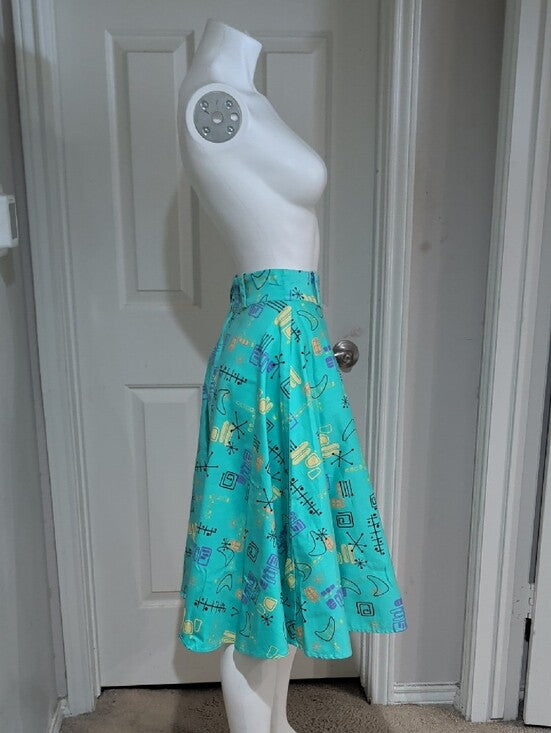 Vintage Pinup Couture Teal A-Line Skirt w/ Retro Geometric Print Women's M Retro