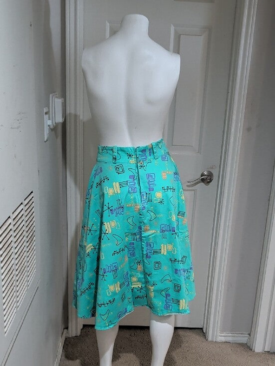 Vintage Pinup Couture Teal A-Line Skirt w/ Retro Geometric Print Women's M Retro