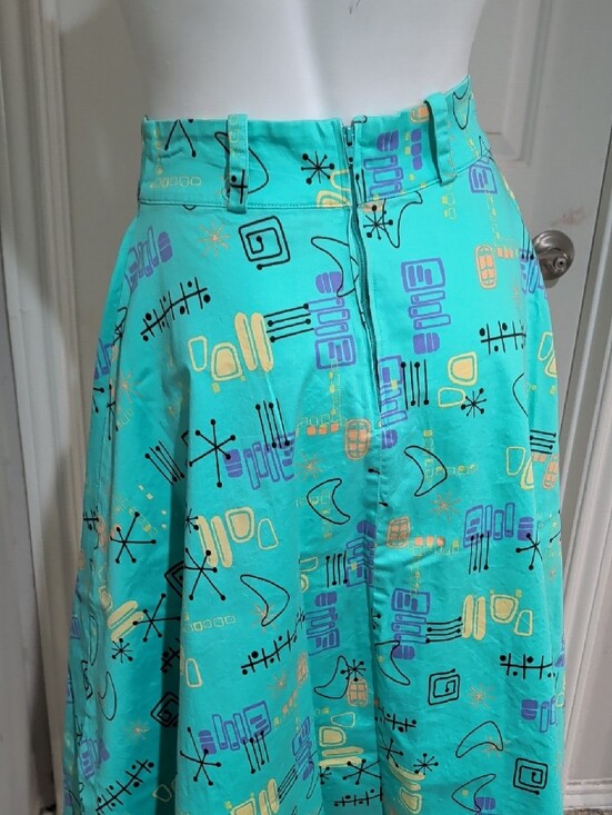 Vintage Pinup Couture Teal A-Line Skirt w/ Retro Geometric Print Women's M Retro