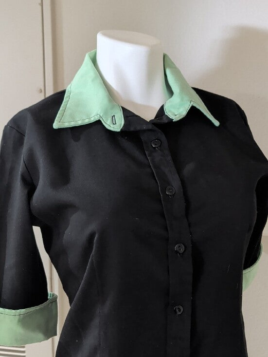 Vintage Daddy-O's Black Button-Up Shirt with Mint Green Collar and Cuffs Medium
