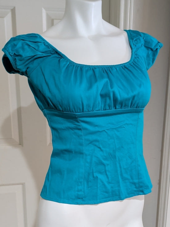 Vintage Pinup Couture Teal Square-Neck Puff Sleeve Women’s Top Retro M