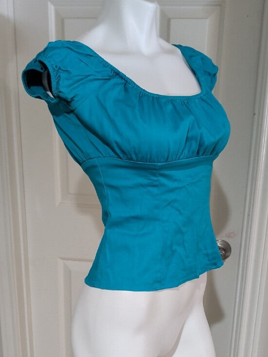 Vintage Pinup Couture Teal Square-Neck Puff Sleeve Women’s Top Retro M