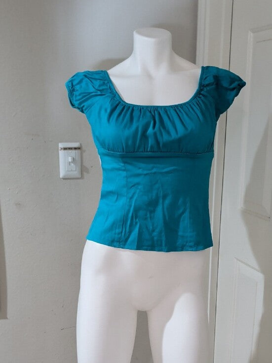 Vintage Pinup Couture Teal Square-Neck Puff Sleeve Women’s Top Retro M
