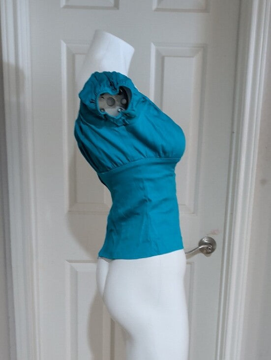 Vintage Pinup Couture Teal Square-Neck Puff Sleeve Women’s Top Retro M
