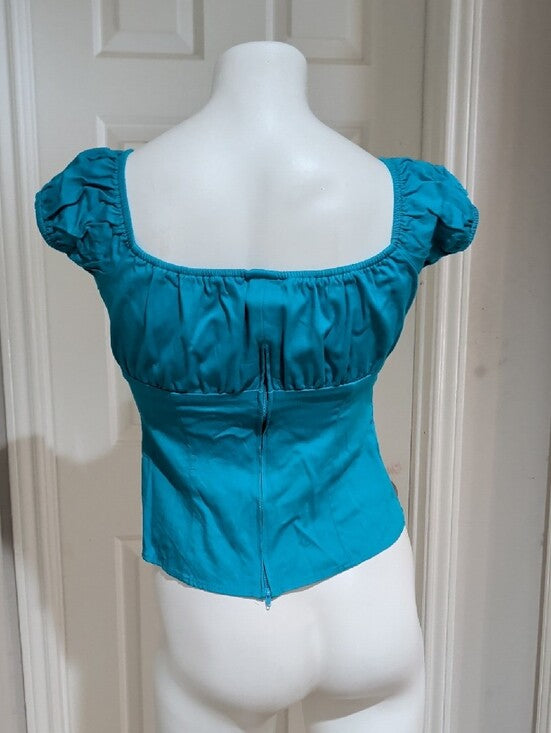 Vintage Pinup Couture Teal Square-Neck Puff Sleeve Women’s Top Retro M
