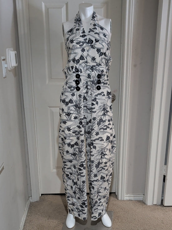 Vintage Halter-Neck Printed Wide-Leg Jumpsuit in White and Black Handmade Retro