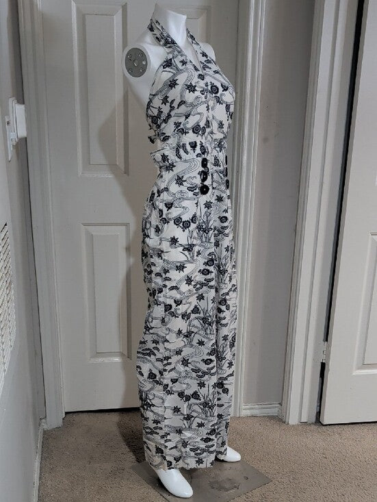 Vintage Halter-Neck Printed Wide-Leg Jumpsuit in White and Black Handmade Retro
