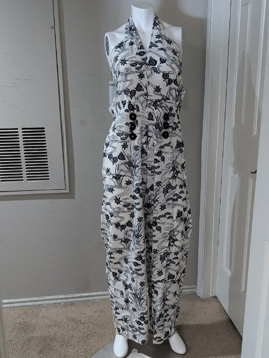 Vintage Halter-Neck Printed Wide-Leg Jumpsuit in White and Black Handmade Retro