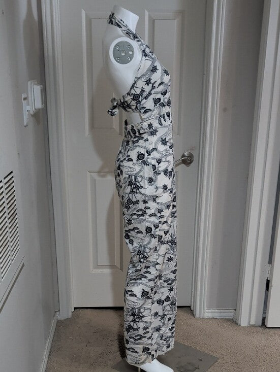 Vintage Halter-Neck Printed Wide-Leg Jumpsuit in White and Black Handmade Retro