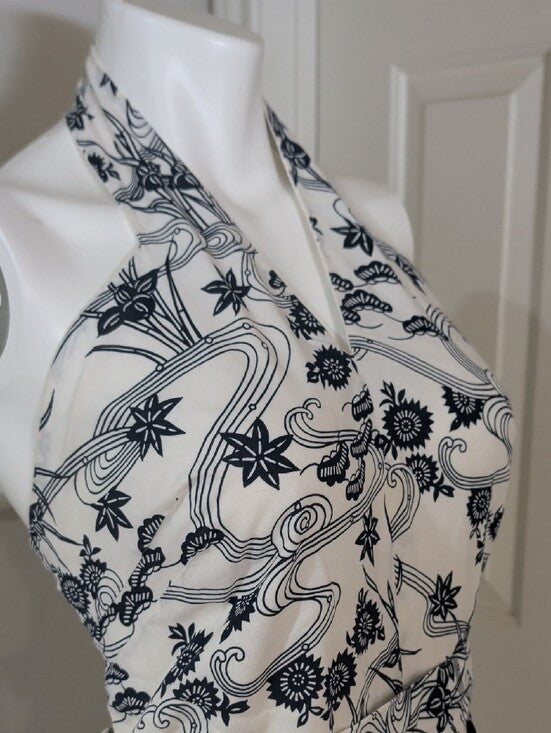 Vintage Halter-Neck Printed Wide-Leg Jumpsuit in White and Black Handmade Retro