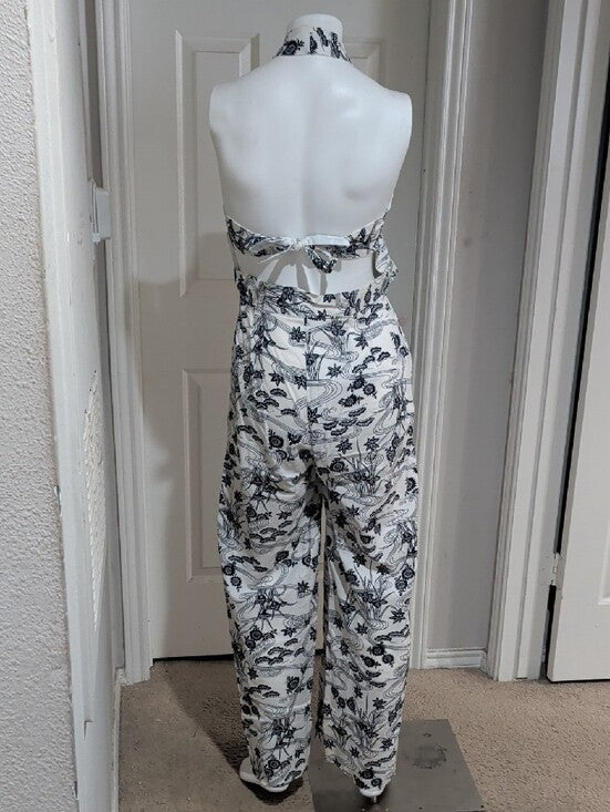 Vintage Halter-Neck Printed Wide-Leg Jumpsuit in White and Black Handmade Retro