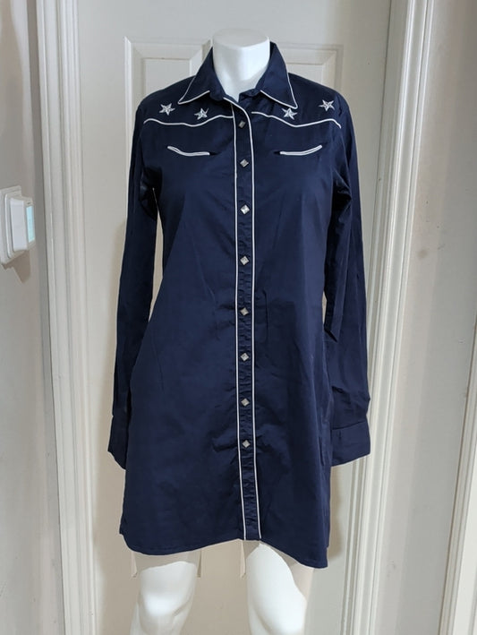 Vintage RU Cowgirl Navy Long-Sleeve Star-Embroidered Snap Shirt Dress Retro M