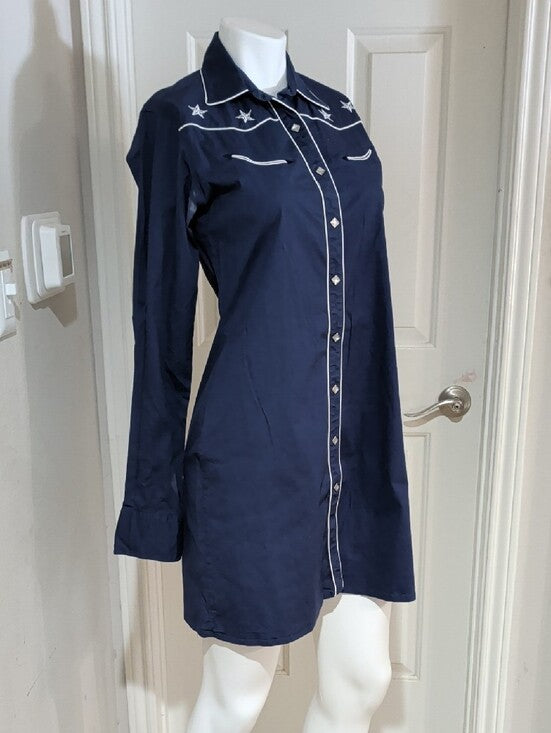 Vintage RU Cowgirl Navy Long-Sleeve Star-Embroidered Snap Shirt Dress Retro M