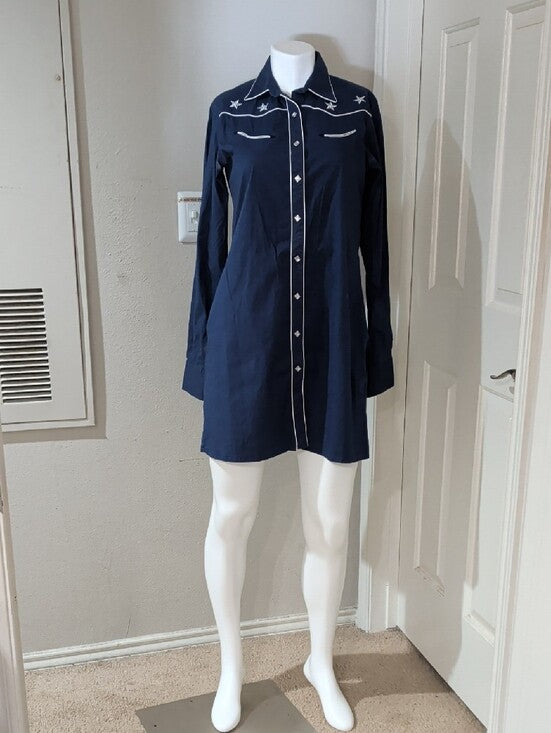 Vintage RU Cowgirl Navy Long-Sleeve Star-Embroidered Snap Shirt Dress Retro M