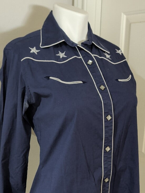 Vintage RU Cowgirl Navy Long-Sleeve Star-Embroidered Snap Shirt Dress Retro M