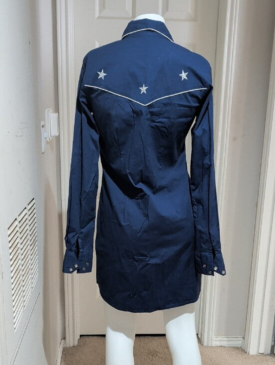 Vintage RU Cowgirl Navy Long-Sleeve Star-Embroidered Snap Shirt Dress Retro M