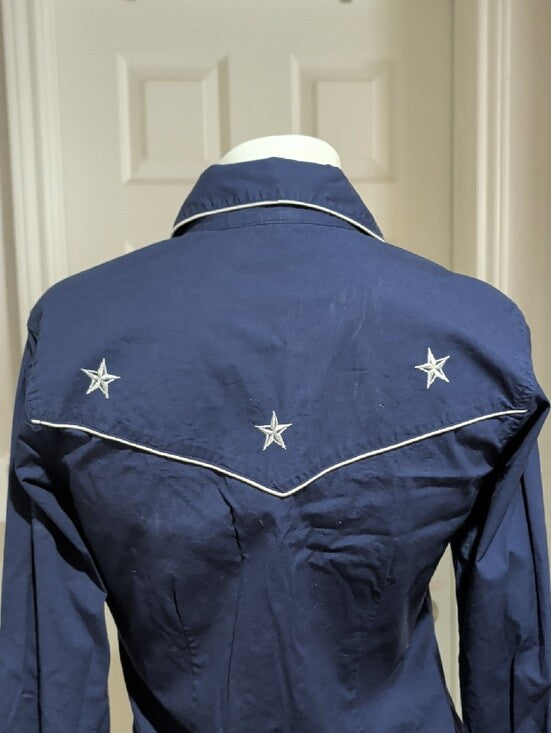 Vintage RU Cowgirl Navy Long-Sleeve Star-Embroidered Snap Shirt Dress Retro M