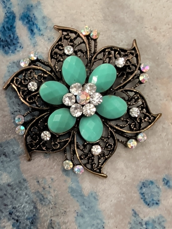 Vintage Turquoise Floral Crystal Brooch Retro Costume Jewelry