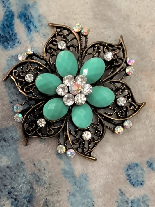 Vintage Turquoise Floral Crystal Brooch Retro Costume Jewelry
