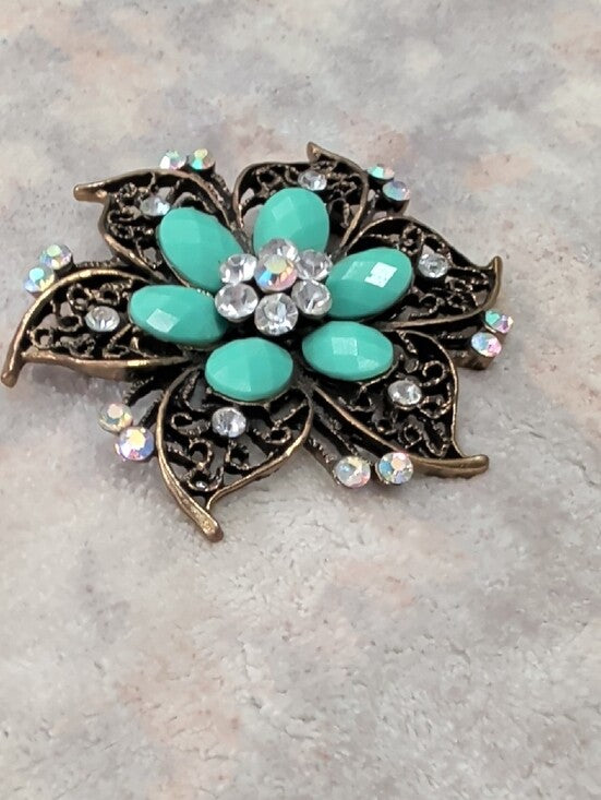 Vintage Turquoise Floral Crystal Brooch Retro Costume Jewelry