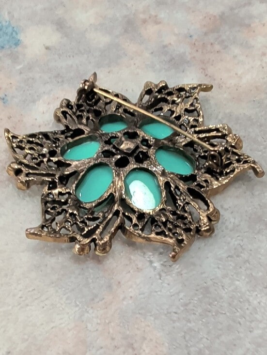 Vintage Turquoise Floral Crystal Brooch Retro Costume Jewelry