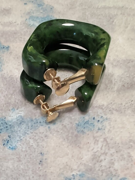 Vintage Carved Bakelite Hoop Clip-On Earrings 1" Green Special Marbled Retro