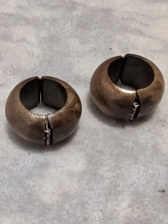 Vintage Faux Wood Round Hoop Clip-On Earrings with Silver Hardware Retro