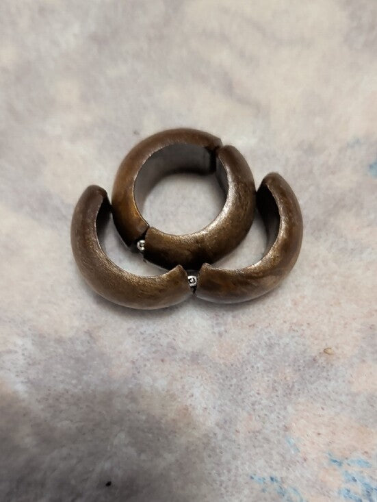 Vintage Faux Wood Round Hoop Clip-On Earrings with Silver Hardware Retro