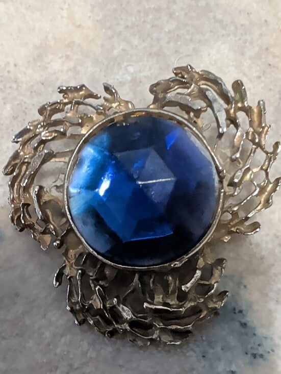 Vintage Blue Rhinestone Silver Brooch Retro Women's Costume Jewelry 2'