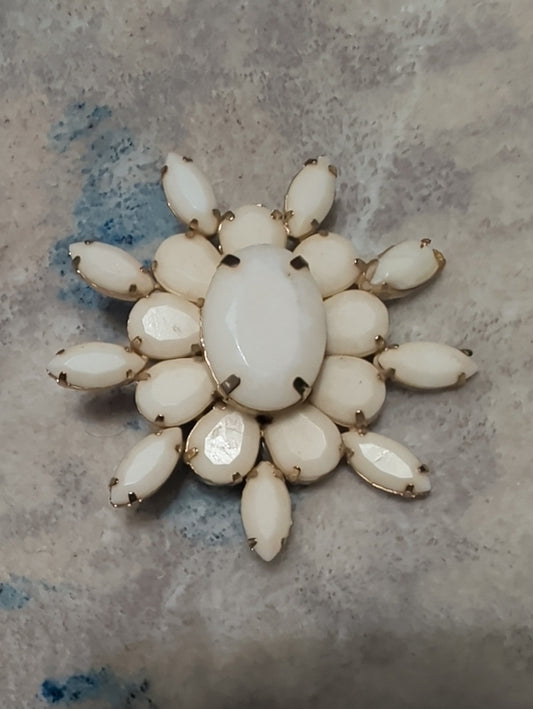 Vintage White Glass Stone Floral Brooch Costume Jewelry