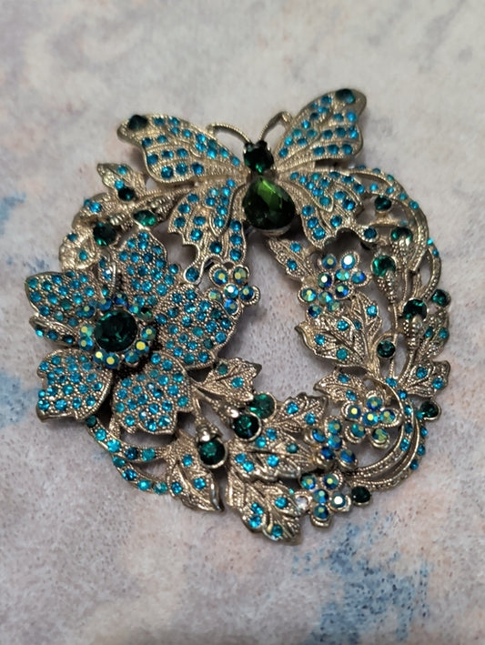 Vintage Blue & Green Crystal Butterfly Wreath Brooch 4''X3''