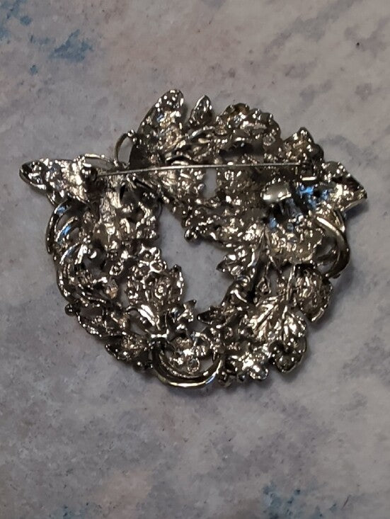 Vintage Blue & Green Crystal Butterfly Wreath Brooch 4''X3''