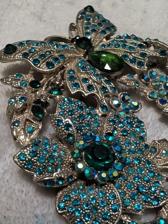 Vintage Blue & Green Crystal Butterfly Wreath Brooch 4''X3''